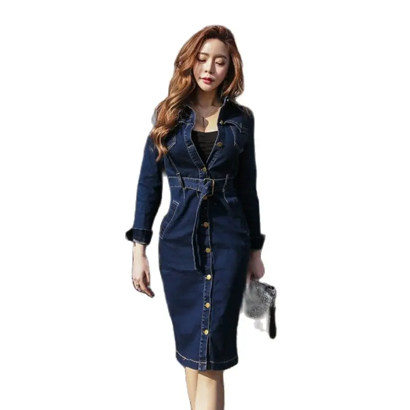 Платье Карандаш большого размера женское синее с длинным рукавом и отложным