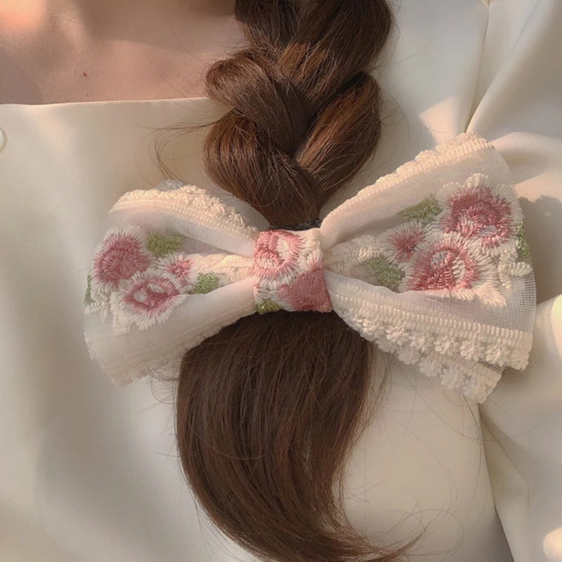 

Korean Style Embroidery Hair Bows Clip For Women Ponytail Girls Wedding Lace Ribbon Japan Hairpins Barrette Hair Accessories