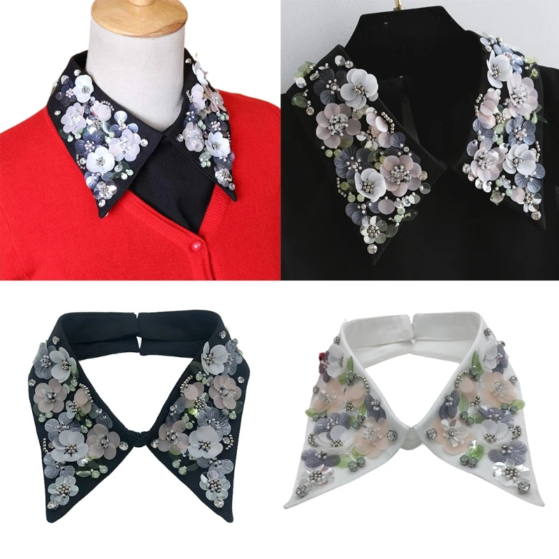 

Women Elegant Sequins Floral Lapel False Collar Handmade Beaded Jewelry Detachable Necklace Choker Clothes Accessories