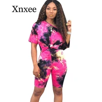 tie dye streetwear two piece outfits summer clothes for women short sleeve t shirt top and biker shorts tracksuit matching sets