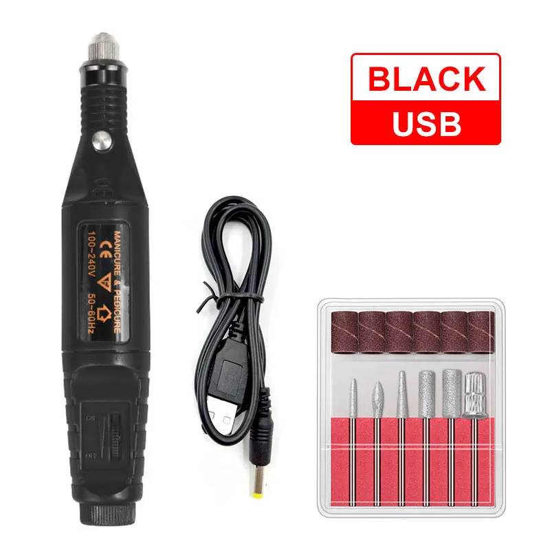black USB Профессиональный электрический набор для маникюра, маникюрный маникюр с полировкой, электрическая ручка для маникюра, Педикюр с 6 битами, инструменты для маникюра - Цвет: black USB