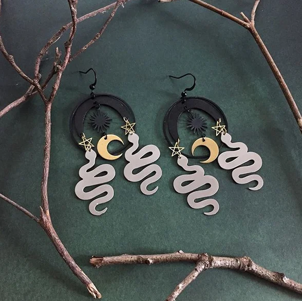 

Ouroboros Snake earrings with Sun and Moon and Stars, Occult Handmade - Serpentinecreative - Witchy - Goddess - Snake - Gift
