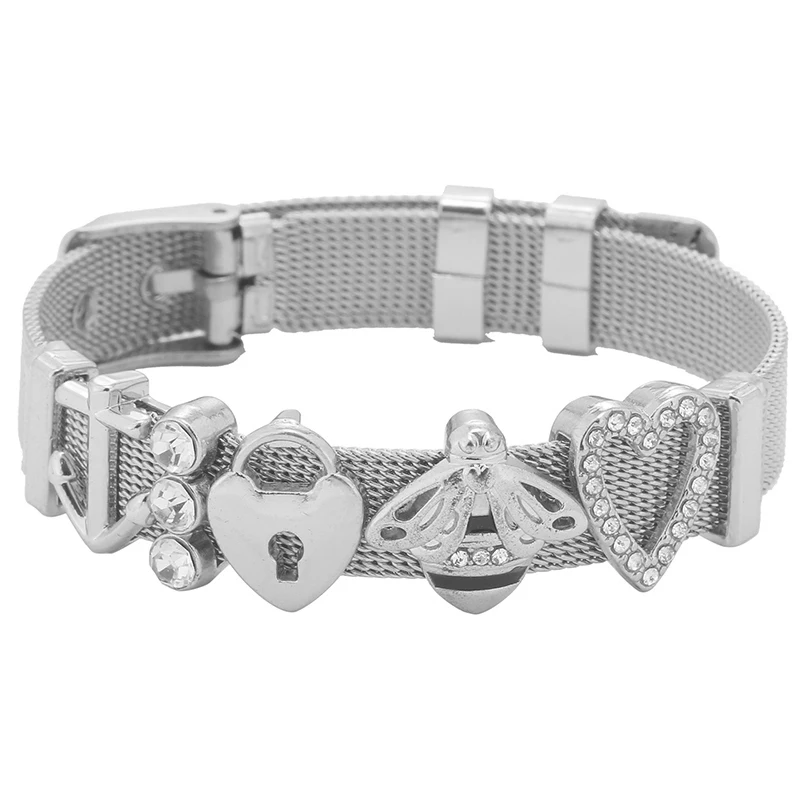 Сетчатый Браслет из нержавеющей стали розовое золото с кристаллом в виде сердца