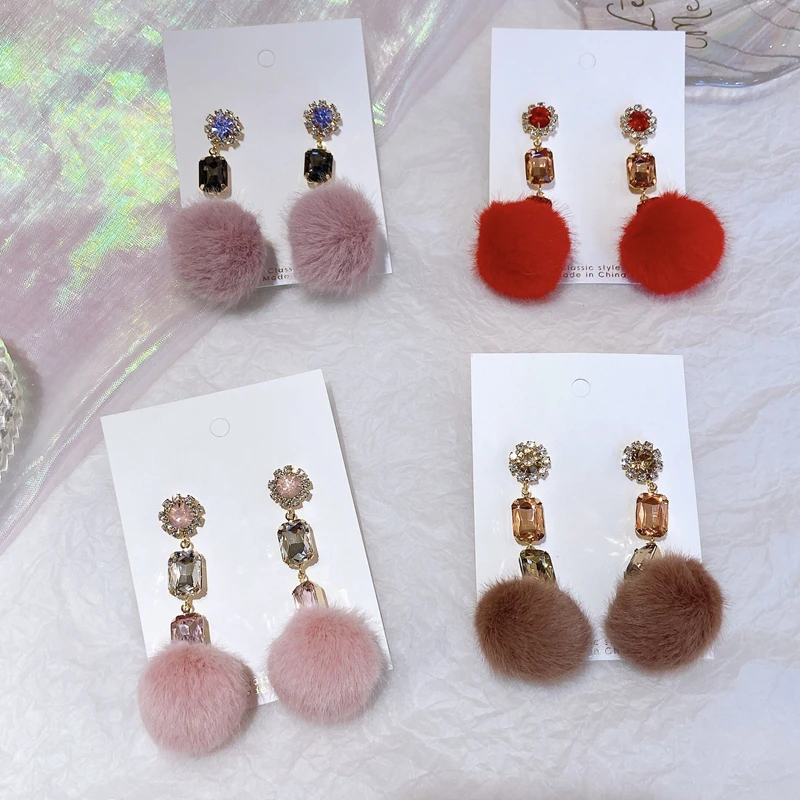 

Winter Colorful Korean Crystal Drop Earrings For Women Girls Elegant Fur Ball Pompon Fashion Pendientes Jewelry Gifts