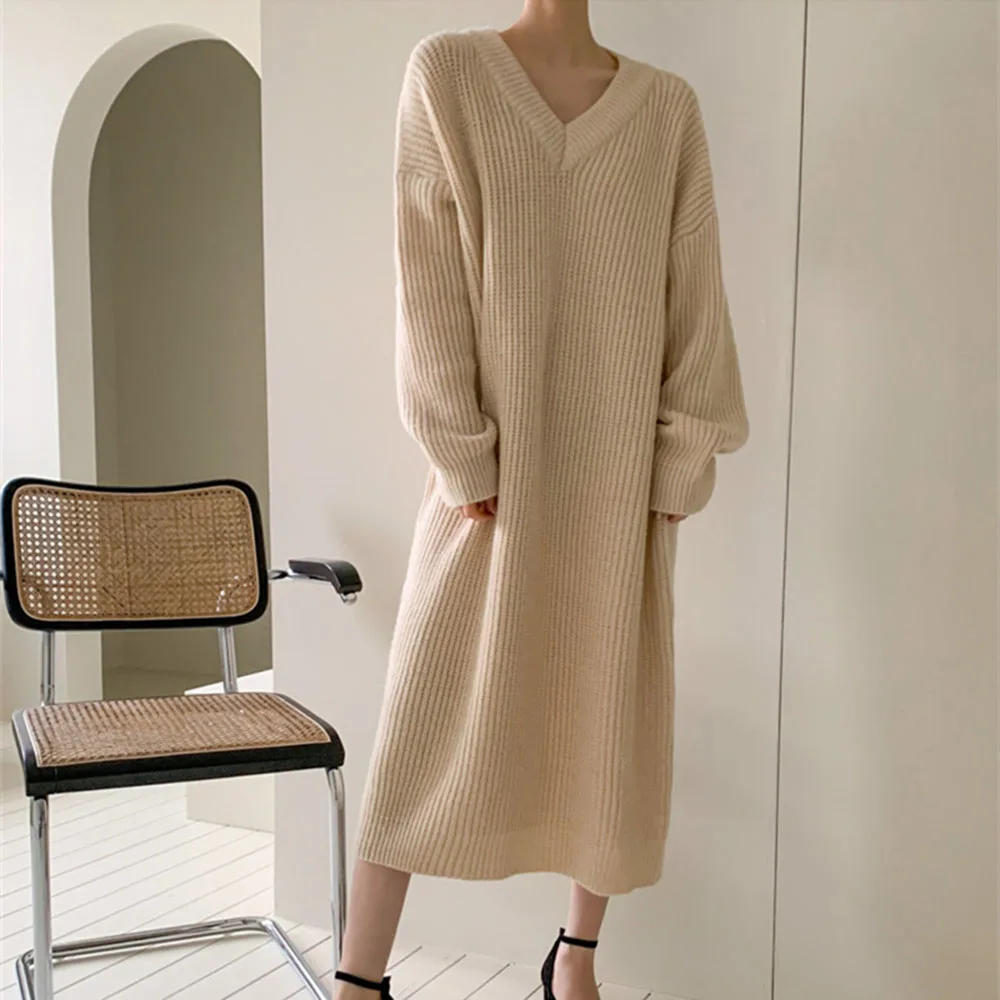 

2021 Autumn Winter Dress Korean Fashion Solid Color Thicken Warm Casual Loose V-neck Long Sleeve Simplicity Knitting Pullover
