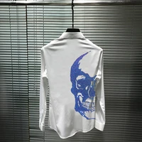 brand new mens t shirt rhinestone style solid color wild skull business long sleeved slim personality tops