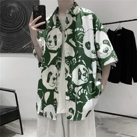 2021 summer panda graffiti casual short sleeved mens large size shirt hong kong fashion ins loose fashion student shirt