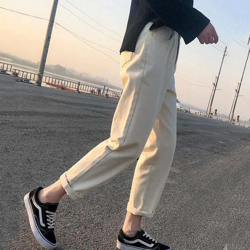 

Jeans Women Ankle-length Beige Straight Denim Vintage School Simple Classic Womens Trousers BF Chic Harajuku Korean New Ulzzang