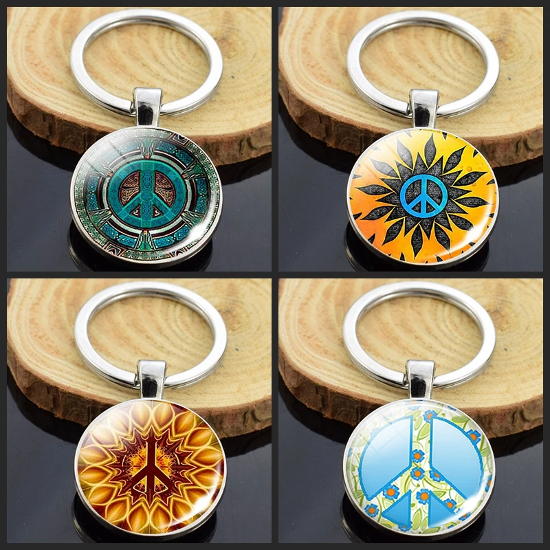 

Hippie Peace Sign Keychain Double Sided Glass Cabochon Keyring Peace Symbol Jewelry Gifts for Men