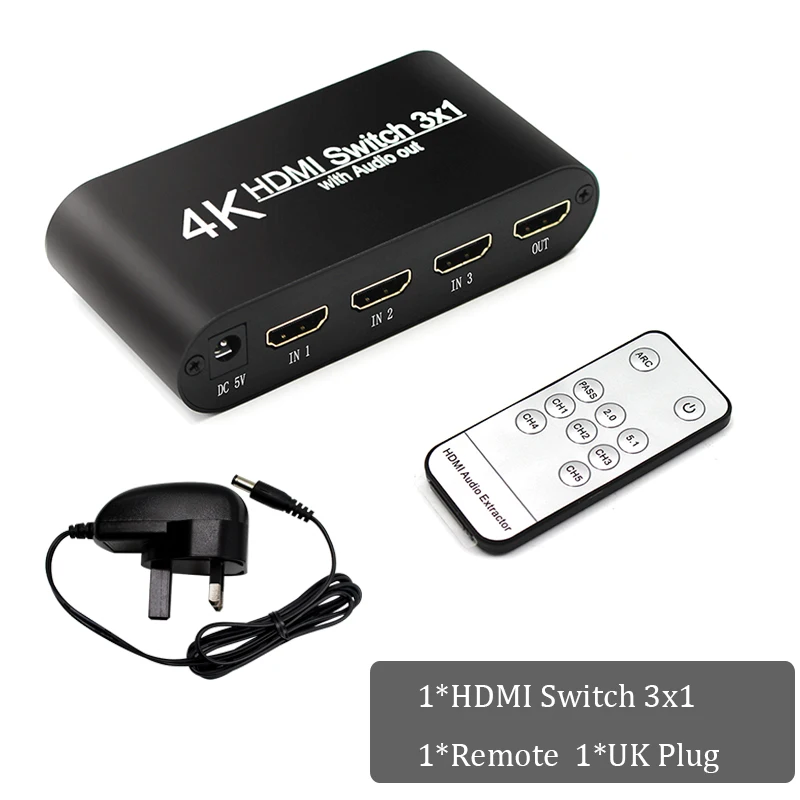 1080P hdmi-hdmi коммутатор 3x1 3 в 1 выход 4 к аудио экстрактор с дистанционным Аудио HDMI в SPDIF выход для ТВ ПК проектор камеры - Цвет: UK Plug and Remote