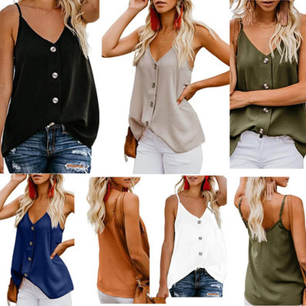 

Summer Sexy Spaghtti Strap Blouse Women 2021 New Casual Tops Sleeveless Buttons Adjustable V-Neck Ladies Chiffon Blouses