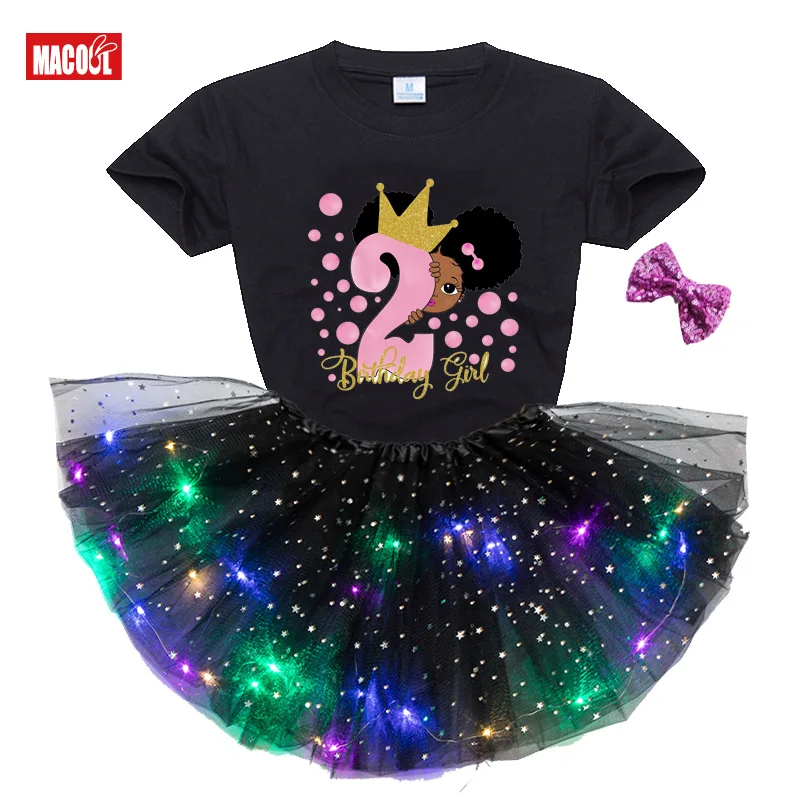Girls Birthday Dress Sets tutu suit Party Casual Dress Black African Girl Short Sleeve T-shirt+tutu Skirt+Hairpin Suit 6 years