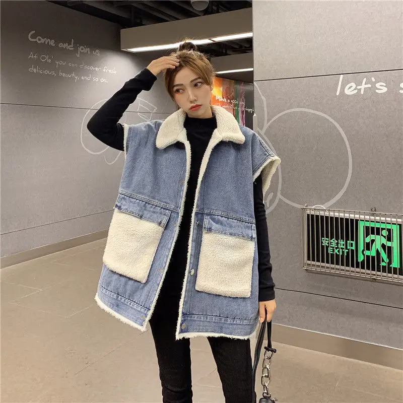 

Осень-зима 2021, женский жилет, Студенческая одежда, свободный утепленный жилет средней длины из имитации овечьей шерсти с отворотом