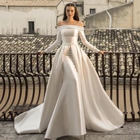 boat neck stain wedding dresses lace up long sleeve a line beaded pricess generous peplum court train a line bridal gown