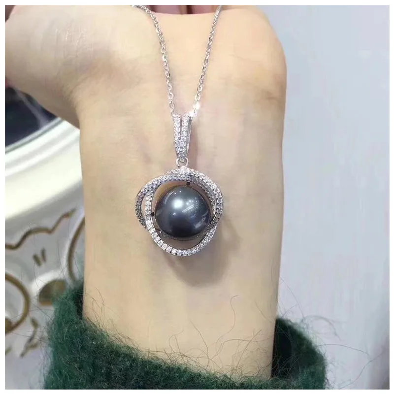 

S925 Silver Bird's Nest Shape Seawater Black Pearl 10-11mm Pendant Necklace 210327-42