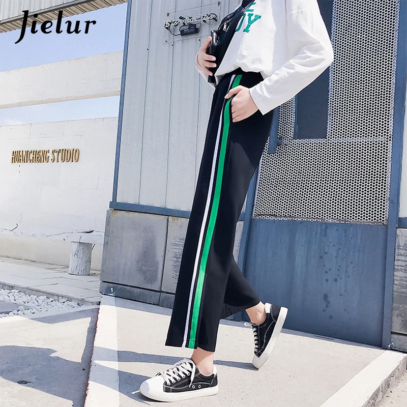 Jielur Autumn Loose Split Casual Korean Women Pants White Red Green Striped Hipster Wide Leg Straight Classic Trousers XXL | Женская