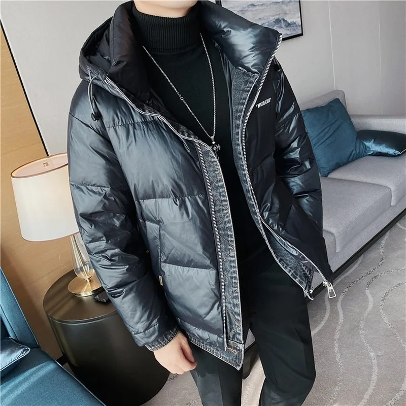 Winter Thick Warm Men's Down Jackets Fashion Hooded Duck Down Jacket Denim Stitching Waterproof Outdoor Coat Parkas Men Clothing