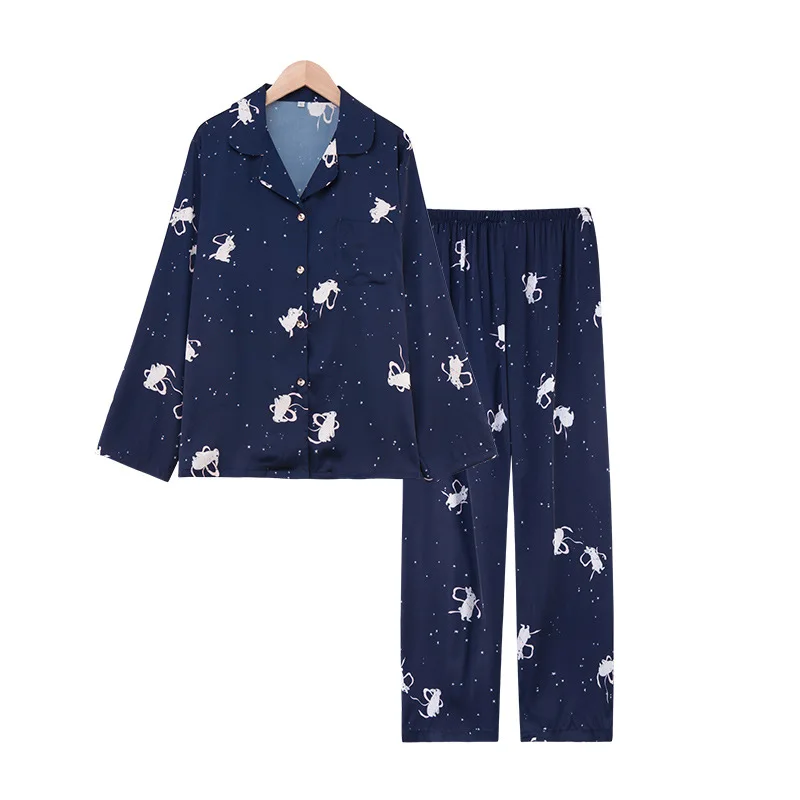 

Pyjamas spring/summer ice silk turned cardigan long-sleeved trousers set casual loose-fitting home clothes