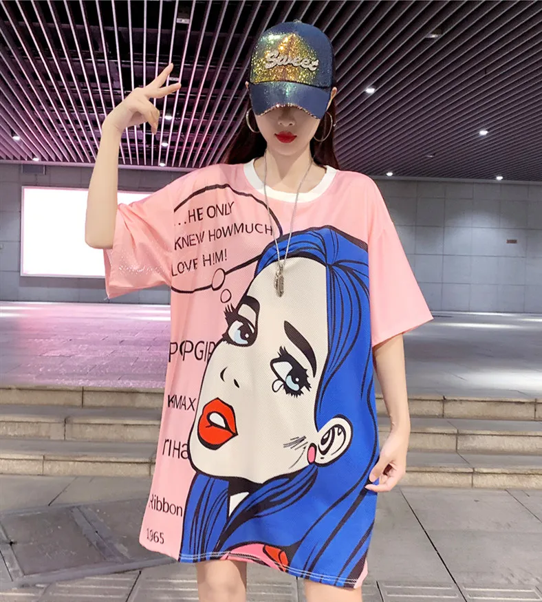

Summer New Oversized character Print Loose Short-Sleeved Round Neck Tops Night Club Streetwear Plus Size Hip-Hop Mesh T-Shirt