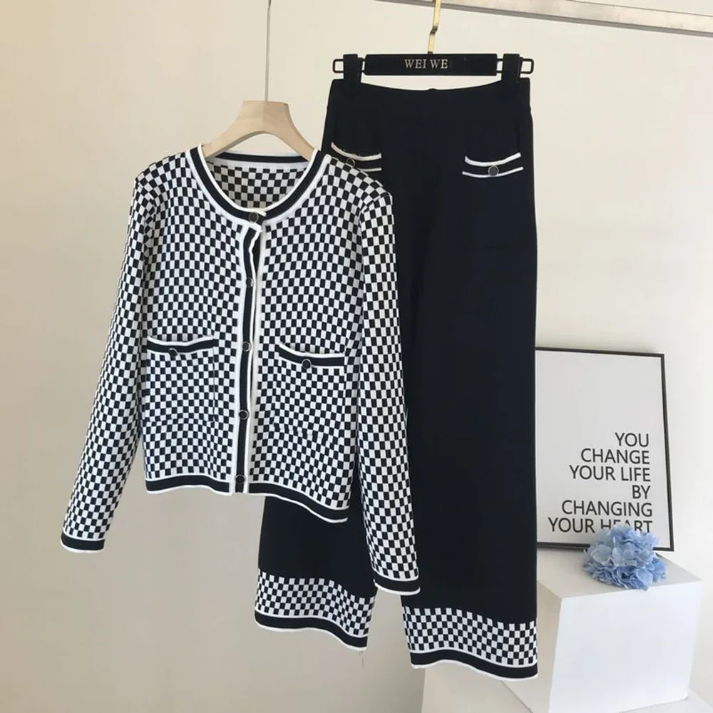 

Autumn Women Knit Houndstooth Cardigan Sweater Coat+ High waist Wide Leg Pants Sets Elegant Single-breasted Jacket Trousers