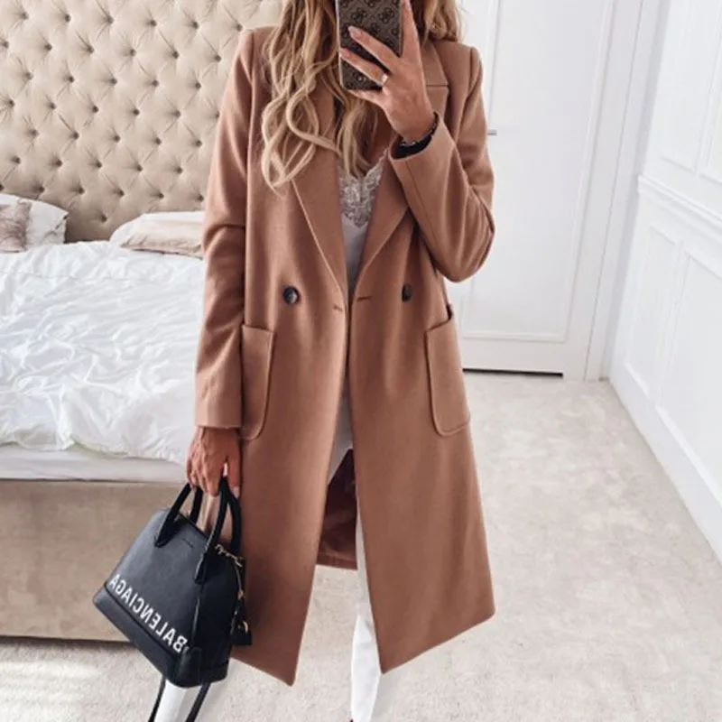 

2020 Autumn Winter Wool Blend Coat Female Casual Mid-Long Pocket Overcoat Trench Solid Women Long Sleeve Button Jacket Outerwear