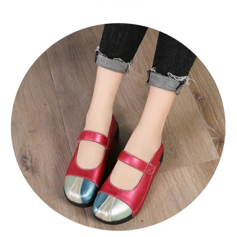 

2018 autumn new national wind women's shoes leather color matching retro flat with soft bottom shoes middle-aged mother shoes