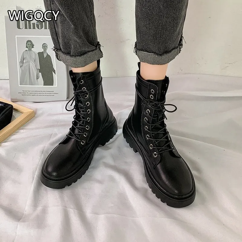 Женские ботинки на шнуровке зимние средней длины из ПУ кожи с круглым носком