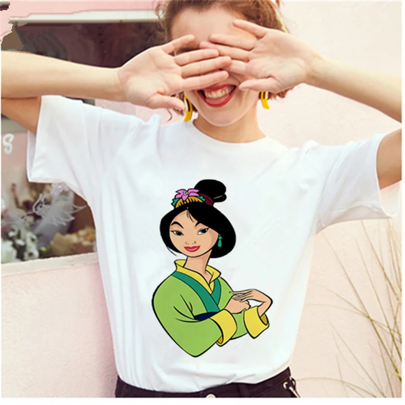 AOWOF Летняя женская футболка Mulan Ulzzang принцессы Ретро Kawaii Топ женский большой