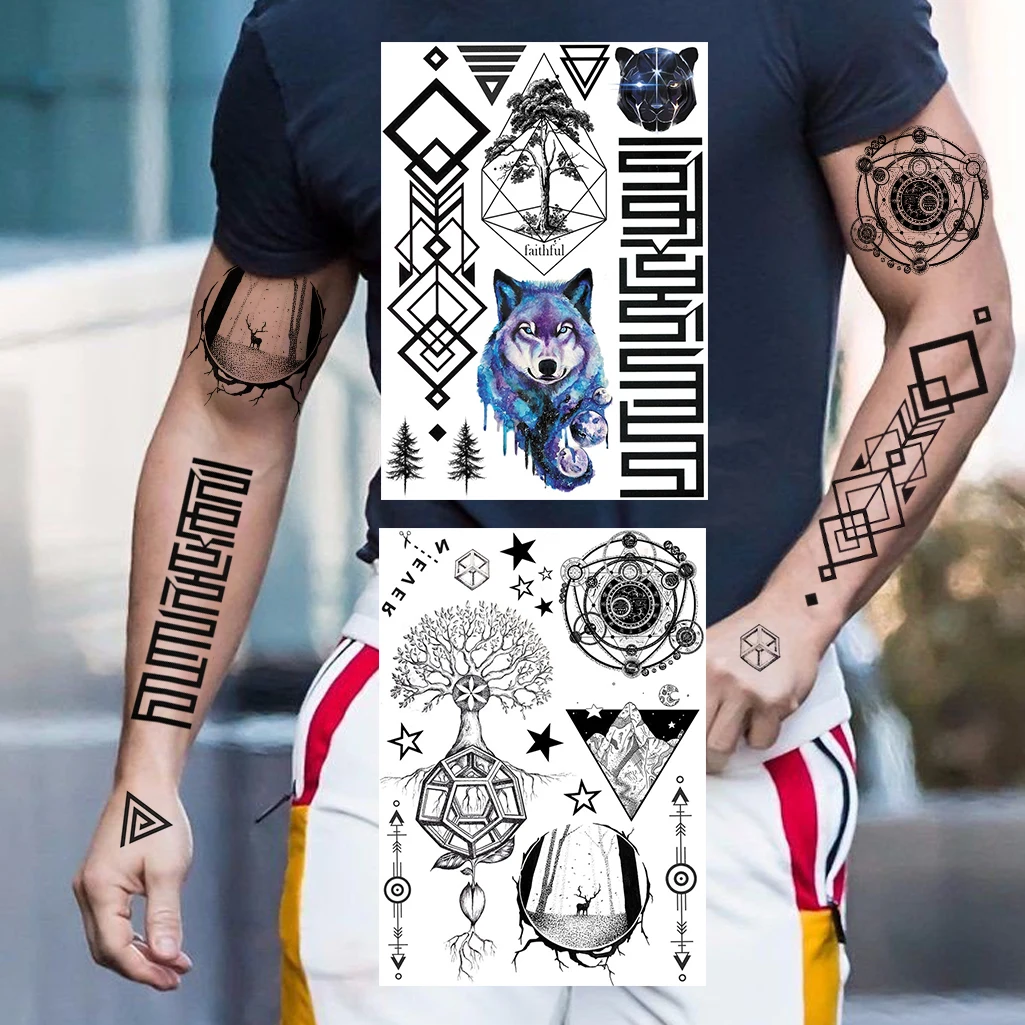 

Realistic Fake Waterproof Temporary Tattoos For Men Women Creative Tatoos Paste 3D Geometric Planets Wolf Tree Tatoo For Holiday