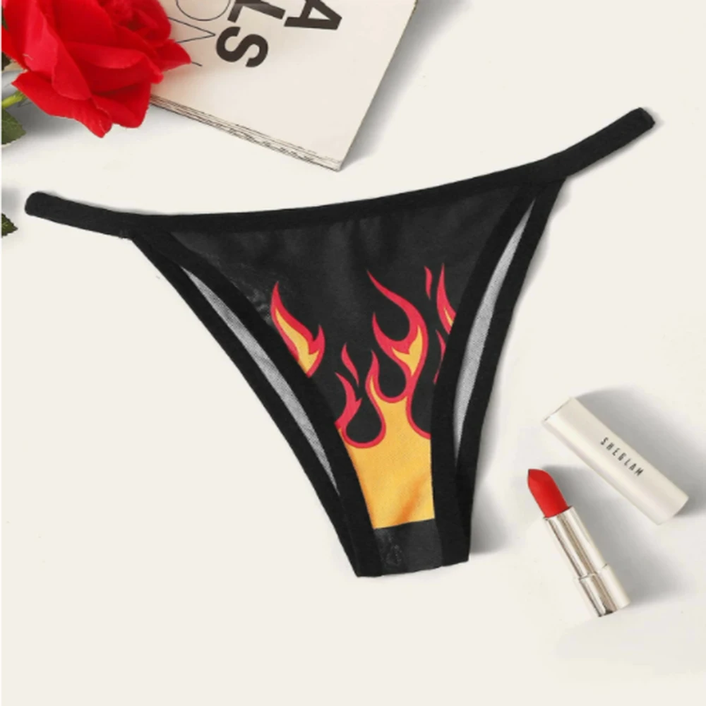 Трусики-стринги женские черные с принтом пламени бесшовные пляжные сексуальное