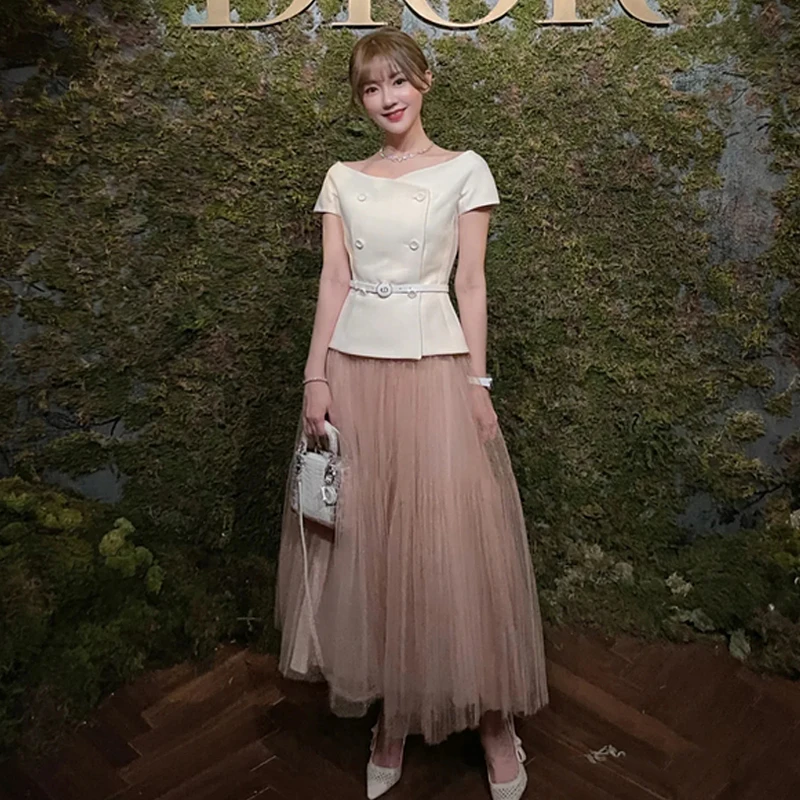 

Женские Элегантные комплекты DIDACHAR, летние белые комплекты с круглым вырезом, топы на пуговицах, свободная сетчатая юбка, праздвечерние чный...