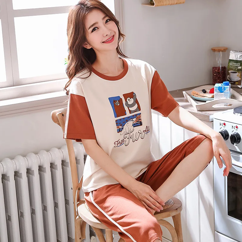 

Summer Cotton Women's Short-Sleeved Clothes Cropped Pants Pajamas Set Creative Cotton Women's Thin Leisure Set pajama Sleepwear