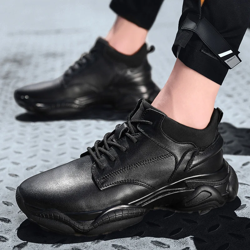 

men fashion male casual shoes all Black Mens genuine leather casual lace up Sneakers fashion flats shoes men trend shoes loafers