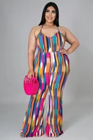 2021 summer new style womens clothing fashion trendy sexy casual print striped halterneck tie jumpsuit