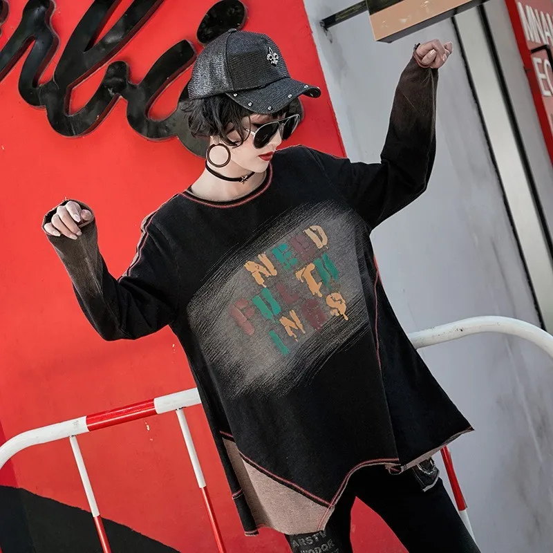 Женская джинсовая футболка в стиле панк с длинным рукавом и круглым