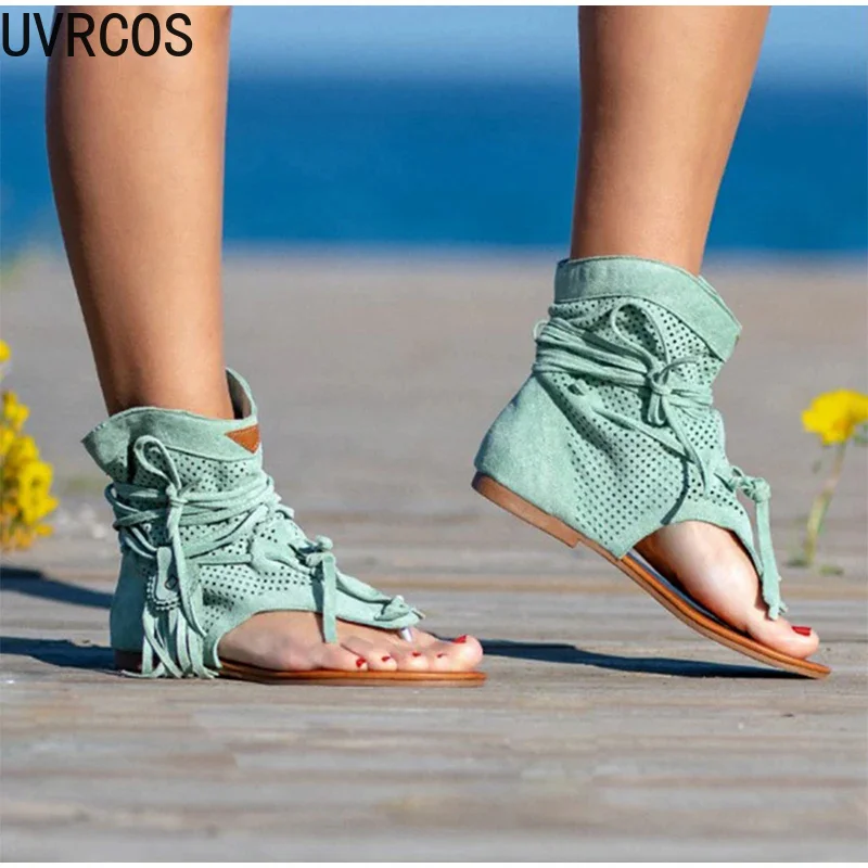 

Women's Retro Sandals Tassel Clip Toe Flat Heel Summer Casual Women Lace-up Shoes Comfortable Roman Ladies Sandals