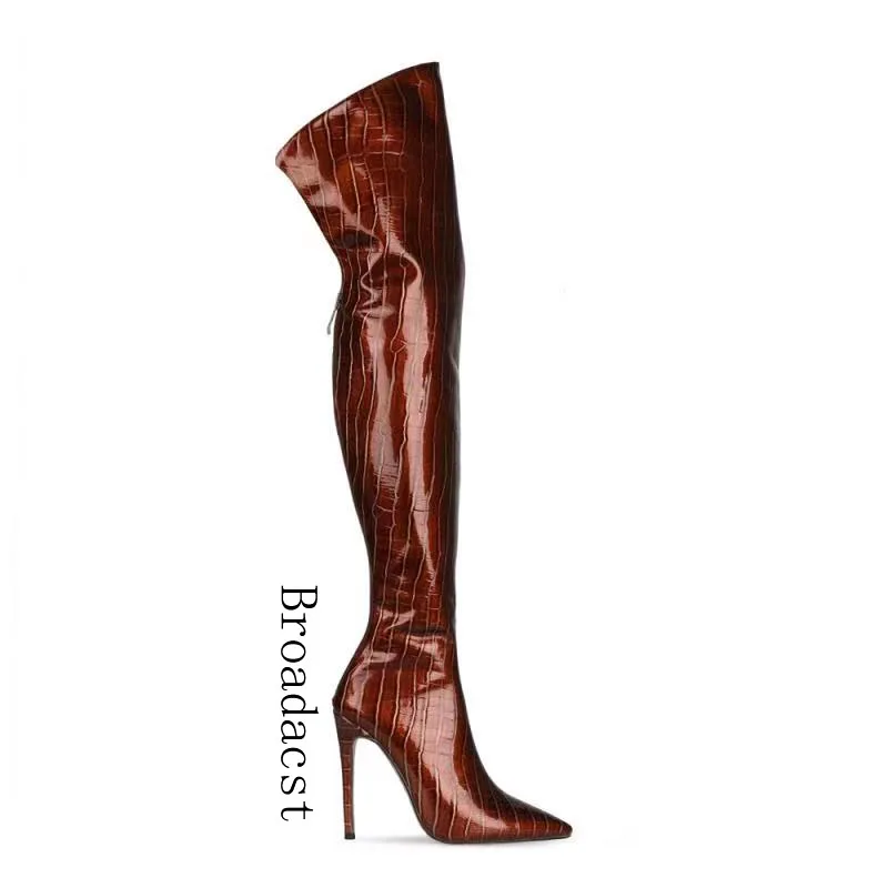 Broadcast  Autumn and Winter Womens Boots 2021 New Stone Pattern Fashion PU Stiletto High Heel Over the Knee Womens Boots