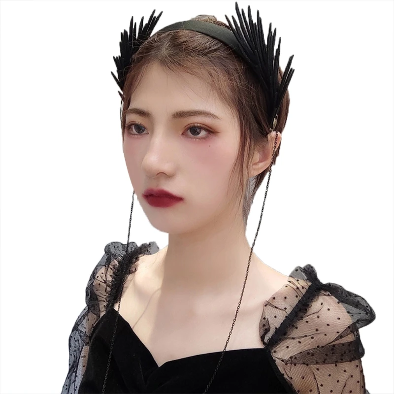 Tassel Wing Headwear Gothic Hairband with Chian Non Slip Headpiece Photo Props Fancy Dress Halloween Accessories |