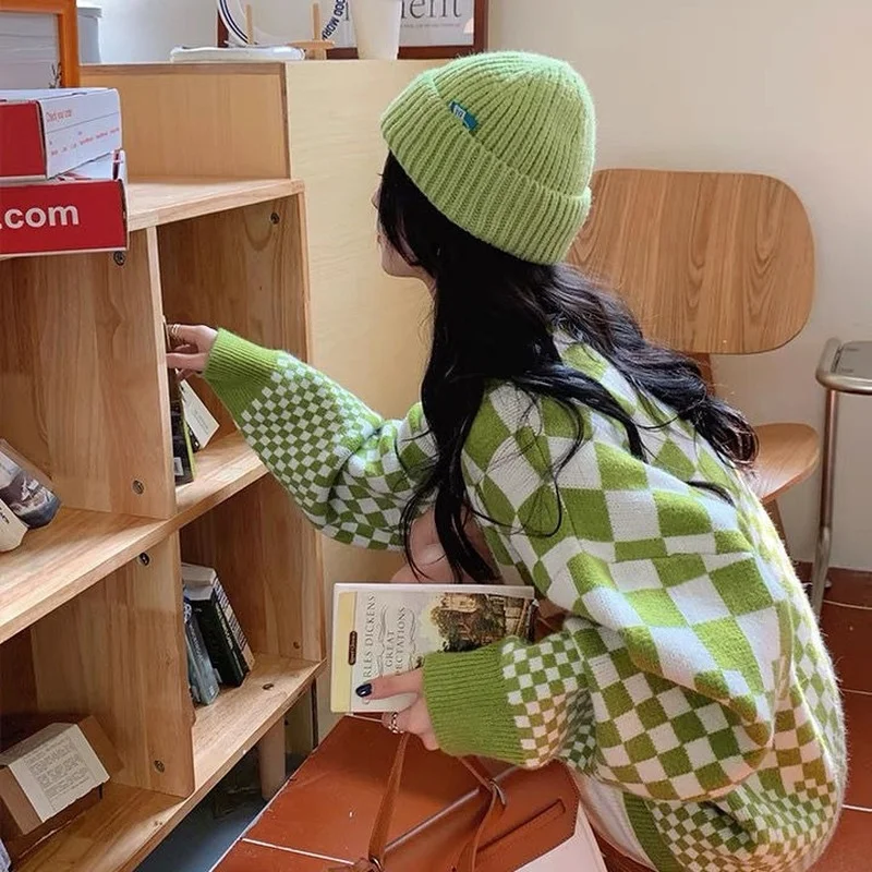 

Deeptown Korean Style Plaid Green Sweater Women Harajuku Checkerboard Streetwear Knit Jumper Female Pullover Black Winter Tops