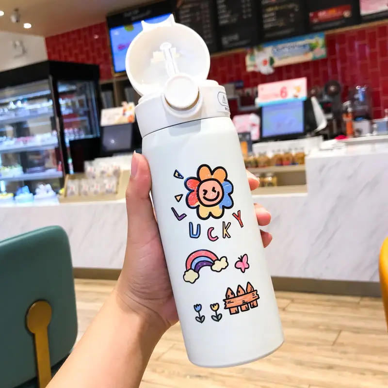 

Thermos cup female student Korean version lovely couple with straw portable Japanese simple bounce high value cup