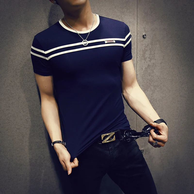 GustOmerD Футболка мужская одноцветная Футболка Мужская модная футболка с коротким рукавом в полоску, облегающая Повседневная футболка мужская