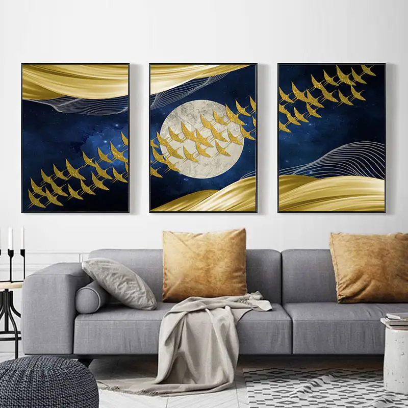 Абстрактная Луна стены искусства холст картины золотые горы птицы плакаты на