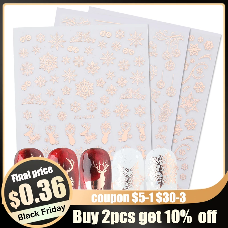 

New Year's Sliders Stickers on nails Rose Gold Glitter Christmas 3D Snowflake Decals Nail Manicure Winter Wraps GLSTZG50-58-1