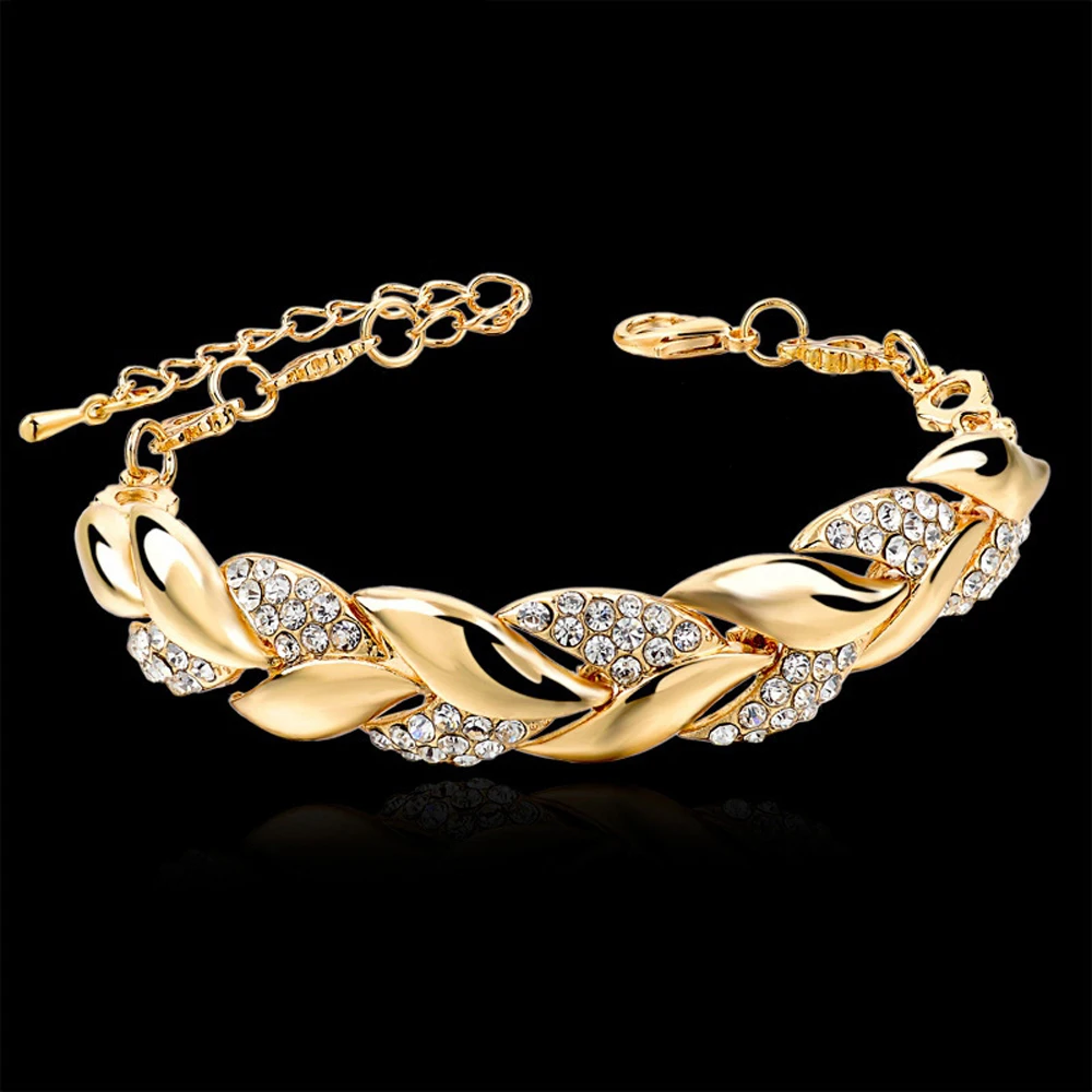 

Bohemian Style Women Girls Gold Bracelet Rhinestone Leaves Chain Bangle Luxury Wedding Jewelry Simple Fashion Elegant New
