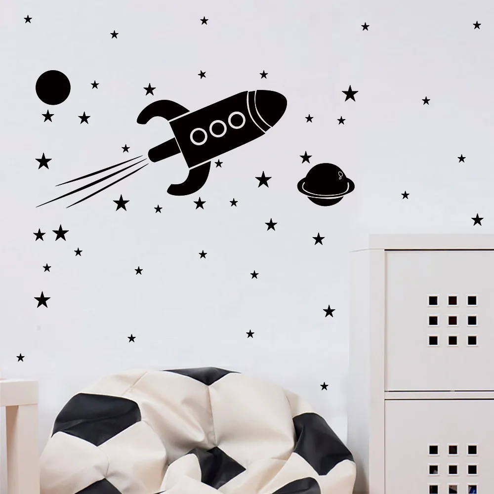 Фото Настенные наклейки для детской комнаты с планетой ракета звезды украшение