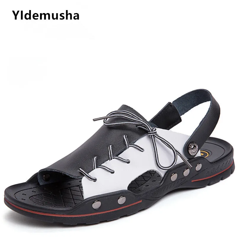 Мужские сандалии из мягкой кожи YIdemusha черные пляжные ручной работы на плоской