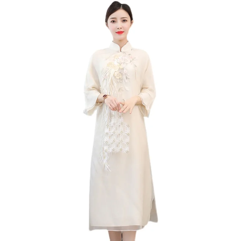 

COIGARSAM 3XL Plus Size Chinese Style Chiffon Women dress New Spring Summer Cheongsam Vintage Dresses Apricot 8111
