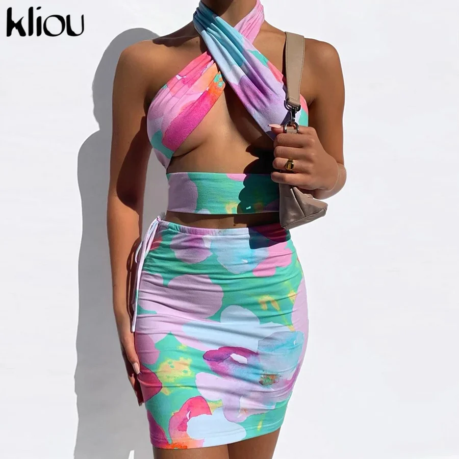 Kliou/комплект из двух предметов с принтом Женские летние майки лямкой на шее +