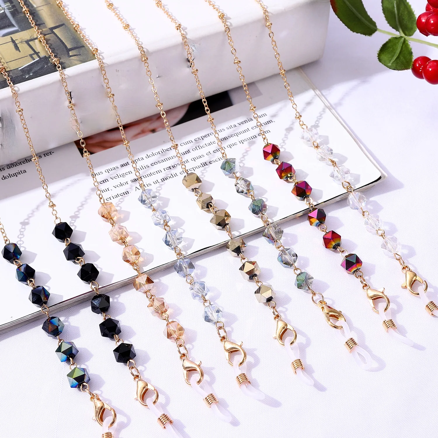 

Fashion Acrylic Crystal Glasses Chains Acrylic Colorful Crystal Bead Eyeglasses Necklace Metal Sunglasses Cord Lanyard