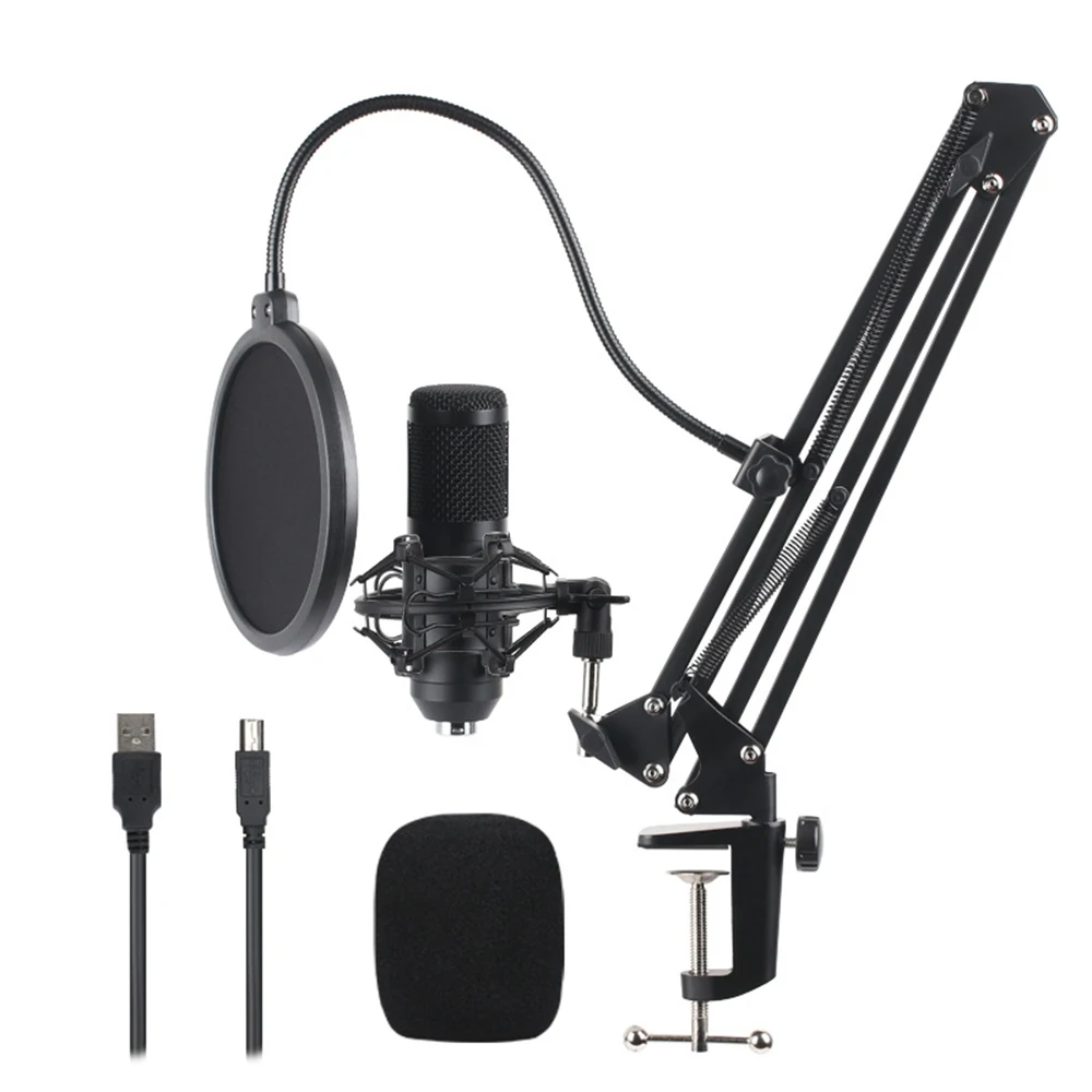 

Конденсаторный микрофон для студийной записи, стойка с амортизирующим креплением и поп-фильтром, USB-кабель для подключения к сети и пения че...
